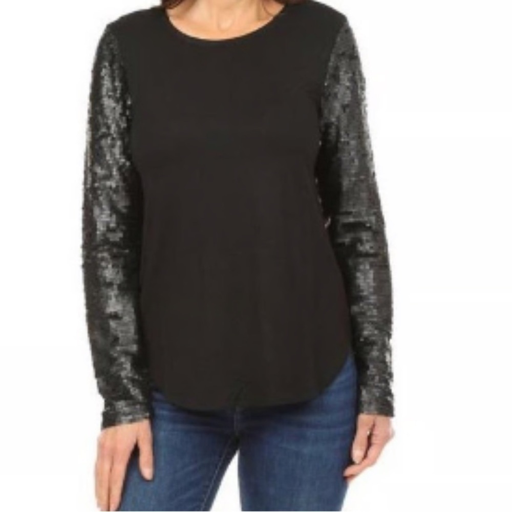 Cupio black sequin long sleeves pull over soft bodice top blouse Sz M